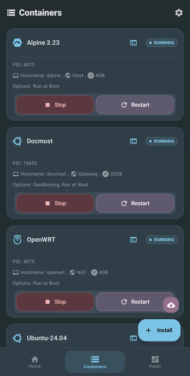 The Containers screen of the Droidspaces app, listing Alpine, Docmost and OpenWRT containers, each running, with stop and restart buttons