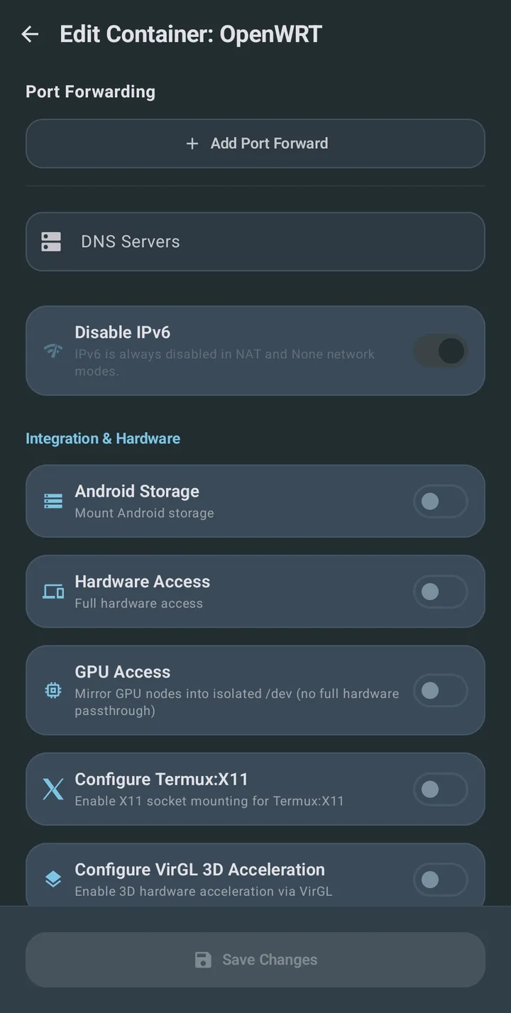 Container settings with port forwarding, DNS servers, and switches for Android storage, hardware access, GPU access, Termux:X11 and VirGL
