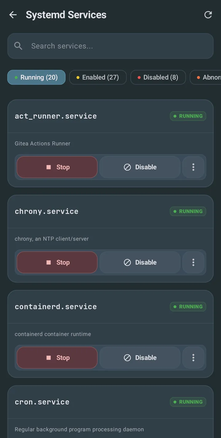 The Systemd Services screen of a container, with 20 units running, listing act_runner (the Gitea Actions runner), chrony, containerd and cron, each running with stop and disable buttons